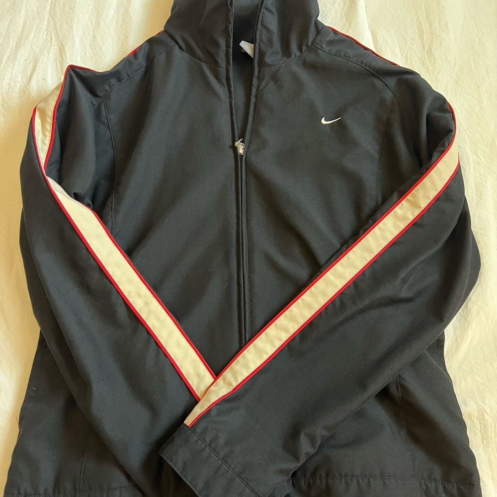 Nike Black and Red Windbreaker with Sporty Stripes